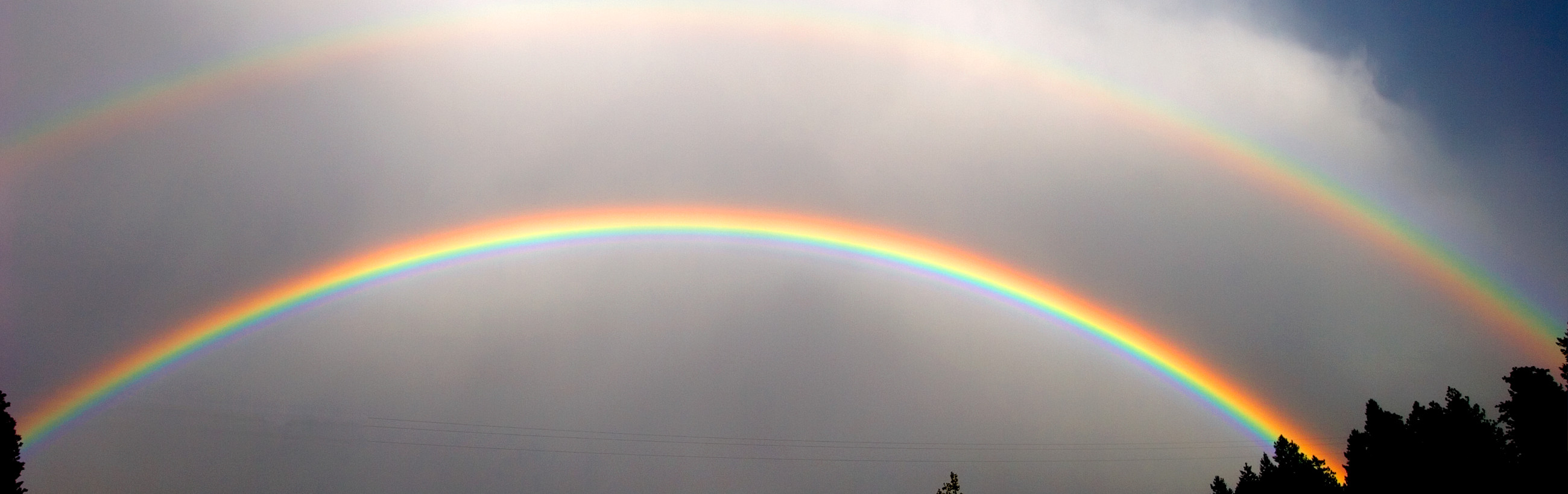 A panoramic view of a vibrant double rainbow arching across a grey sky, with silhouettes of treetops visible at the lower edges.