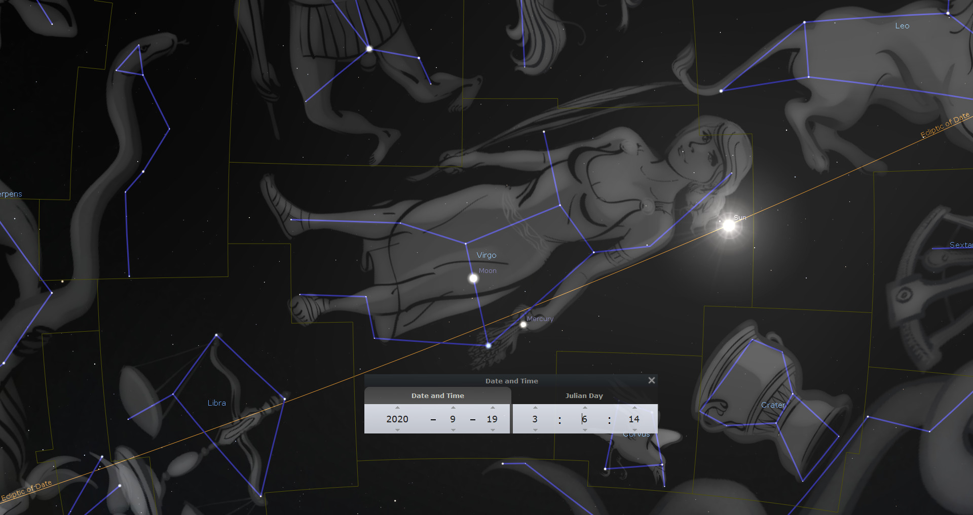 A nighttime sky depicted in a digital illustration showcasing constellations connected by bright blue lines, with the prominent figures of celestial star patterns such as Leo, Virgo, and Libra labeled. The elements are set against a backdrop studded with numerous smaller stars, highlighting an astronomical chart that includes the Moon and Mercury in close proximity to these constellations.