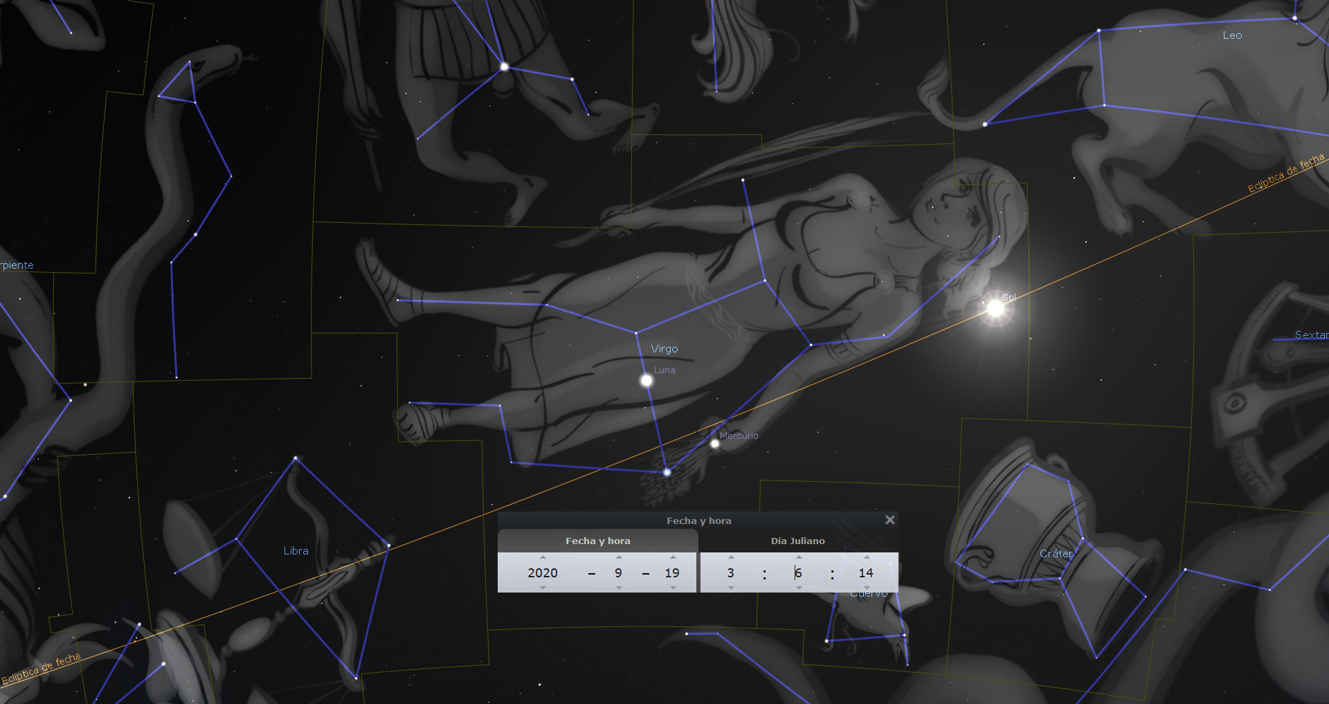 Imagen digital de un mapa celestial nocturno mostrando varias constelaciones con líneas conectivas azules entre estrellas brillantes. Destaca la figura de la constelación llamada en el contexto bíblico como una parte de Mazzaroth, representada como una mujer. Se observan también otros cuerpos celestes como el Sol y la Luna, así como etiquetas con nombres y fechas.