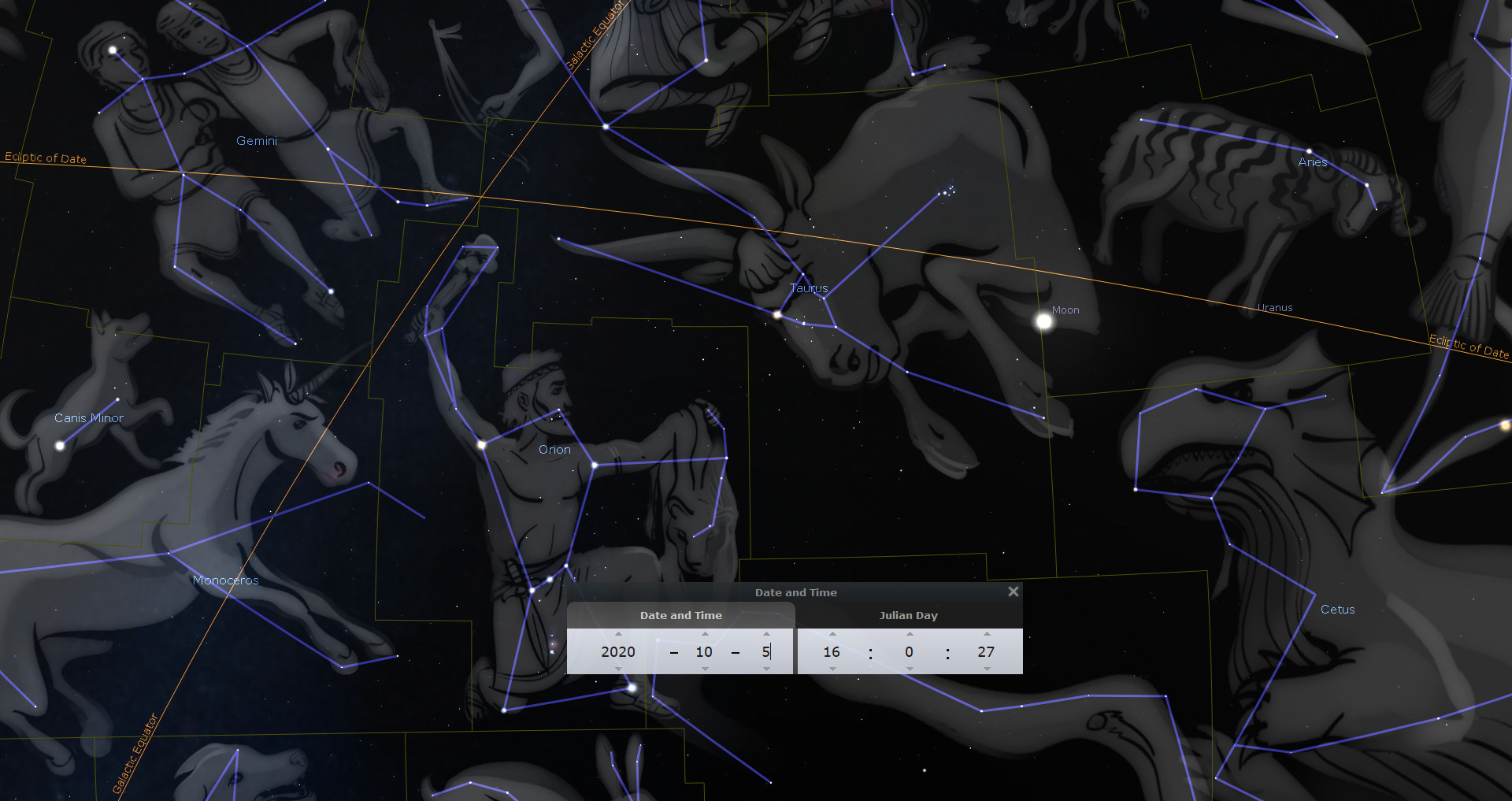 A digital astronomical map displaying various constellations in a dark starry sky. Notable constellations include Orion, Gemini, and Taurus, among others connected by blue lines. The image includes labels for celestial bodies such as the Moon and Uranus, and a user interface panel showing the date and Julian day.