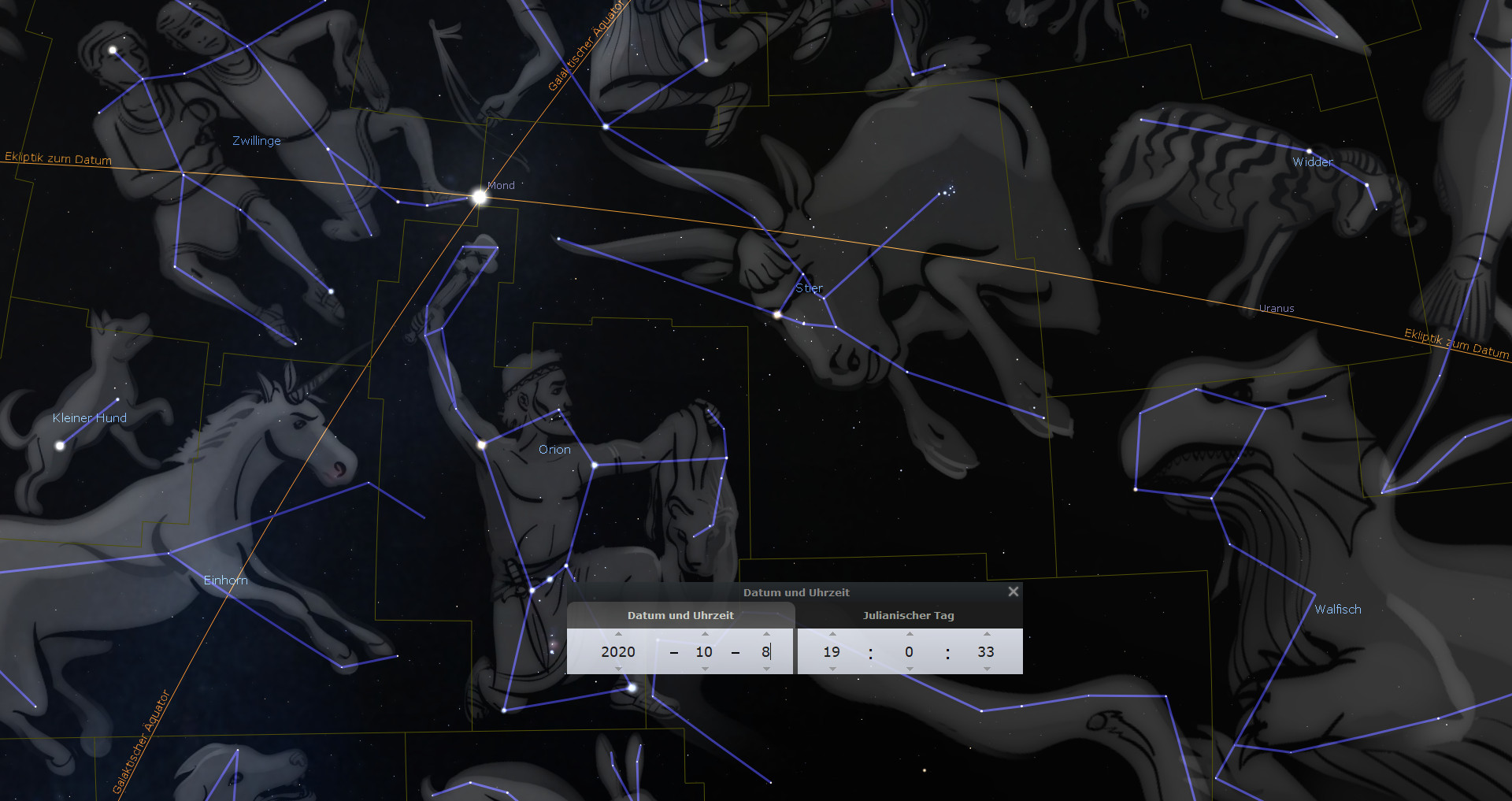 Illustration des Nachthimmels mit Darstellungen verschiedener Sternbilder, die mit blauen Linien verbunden sind, die ihre Formen entlang der Ekliptik kennzeichnen. Zu sehen sind unter anderem Sternbilder wie Orion und das Einhorn. Einige Namen der Sternbilder und astronomische Koordinaten sind sichtbar.