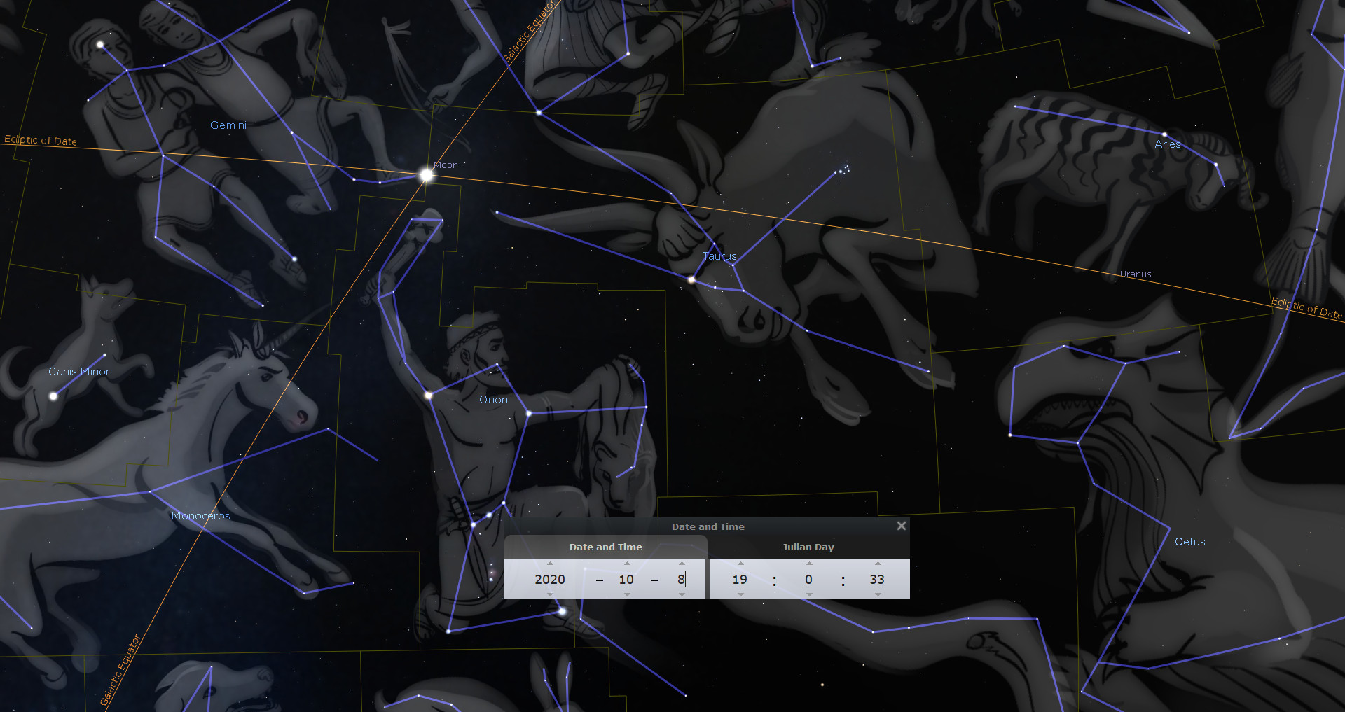 A detailed digital starmap displaying several constellations in a dark sky. The constellations are depicted with connected bright blue lines forming shapes of various celestial figures, such as two human figures, a bull, and a ram among others. Yellow lines mark the ecliptic and grid coordinates are visible across the sky. Names like Gemini, Taurus, and Orion label the respective figures. The Moon, Uranus, and surrounding minor constellations are also indicated.