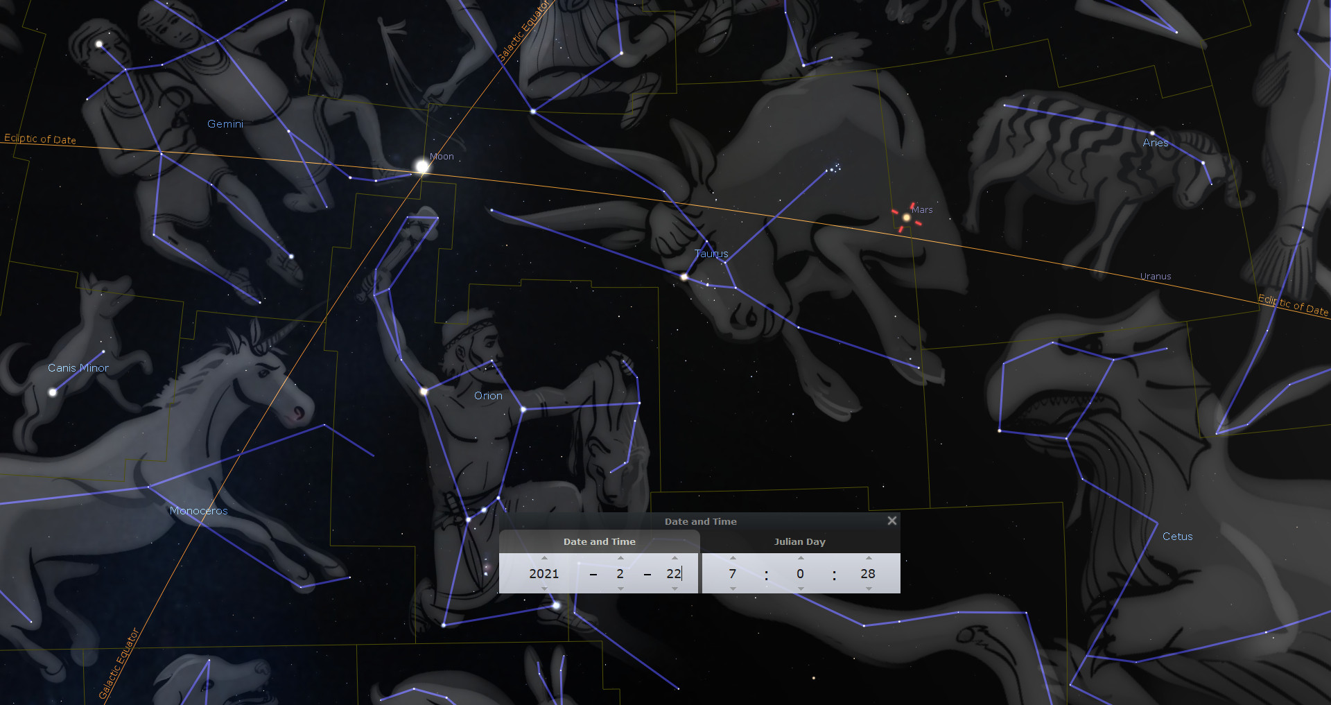 A detailed star map depicting various constellations overlaid with mythological figures, including a pair of twins, a bull, and a warrior. Prominent celestial bodies like the Moon, Mars, and Uranus are marked, along with lines indicating the celestial ecliptic. The digital interface shows the date and time as February 22, 2021, 7:00:28.