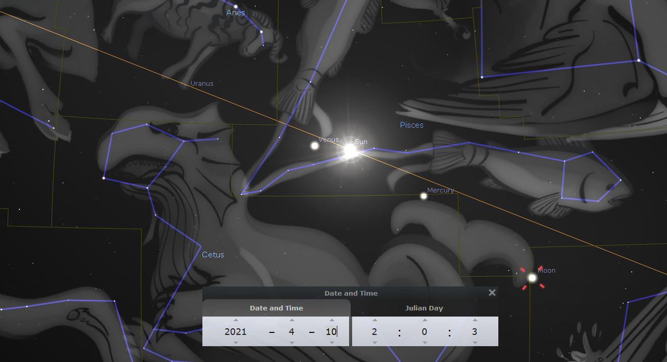 A detailed astronomical chart overlaying artistic illustrations of the Mazzaroth. The image highlights various celestial bodies such as Venus, the Sun, and Mercury closely assembled near the Sun’s radiant light. Visible constellations are artistically portrayed as figures, including a sea creature to the bottom left and fish on the right. The date shown is April 10, 2021, with additional labels of Uranus, Moon, and additional stars.