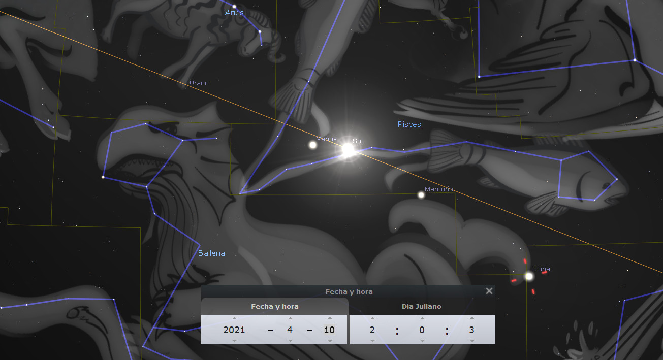 Representación gráfica de un mapa estelar con constelaciones prominentes y cuerpos celestes incluyendo el Sol y los planetas Venus y Mercurio. Se muestra una interacción brillante cerca del centro de la imagen, donde se localizan Venus y el Sol. Adicionalmente, se pueden observar líneas que conectan las estrellas para formar las figuras de las constelaciones, y etiquetas que identifican estos cuerpos y estructuras celestiales. La imagen también incluye herramientas de un software astronómico con datos como la fecha y la hora específica de la observación.
