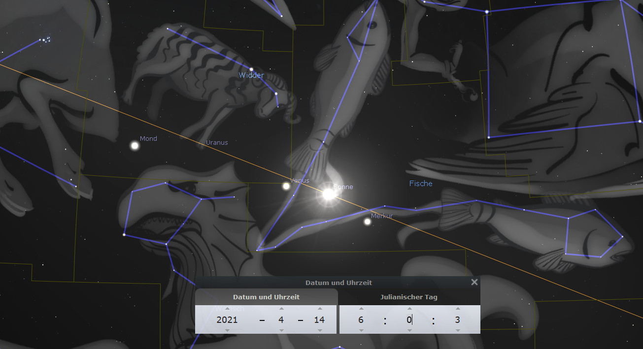 Ein astronomisches Bild zeigt verschiedene Darstellungen aus der Mazzaroth, darunter einen Widder und Fische, die durch blaue Linien verbunden sind. Planeten wie Mond, Uranus, Venus, Sonne und Merkur sind markiert. Im Vordergrund ist ein Informationsfenster mit Datum und Uhrzeit, sowie einem julianischen Kalendertag zu sehen.