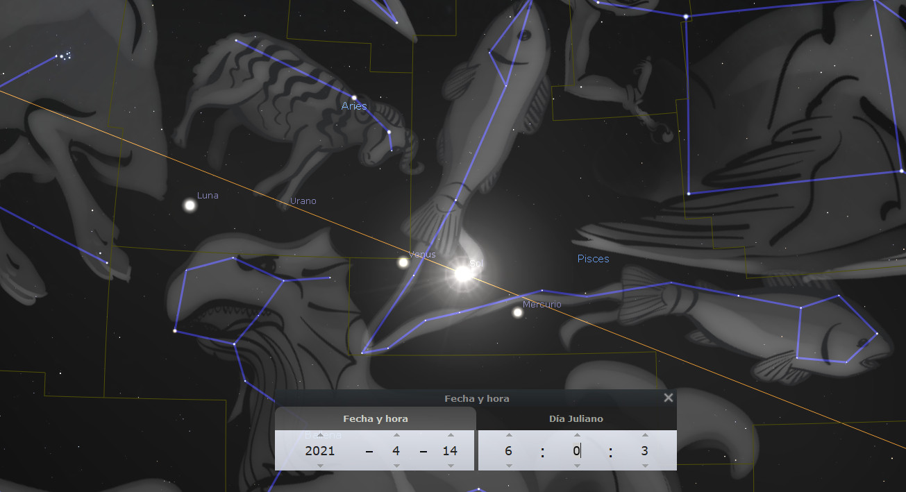 Ilustración digital de un mapa estelar en blanco y negro, mostrando constelaciones con líneas azules y etiquetas en español, incluyendo conjuntos estelares como Aries y Piscis. Se destacan la Luna y planetas como Urano y Venus, conectados con líneas amarillas. En la esquina inferior derecha, hay un panel que muestra la fecha "2021-4-14" y el día juliano "6 0 : 3".