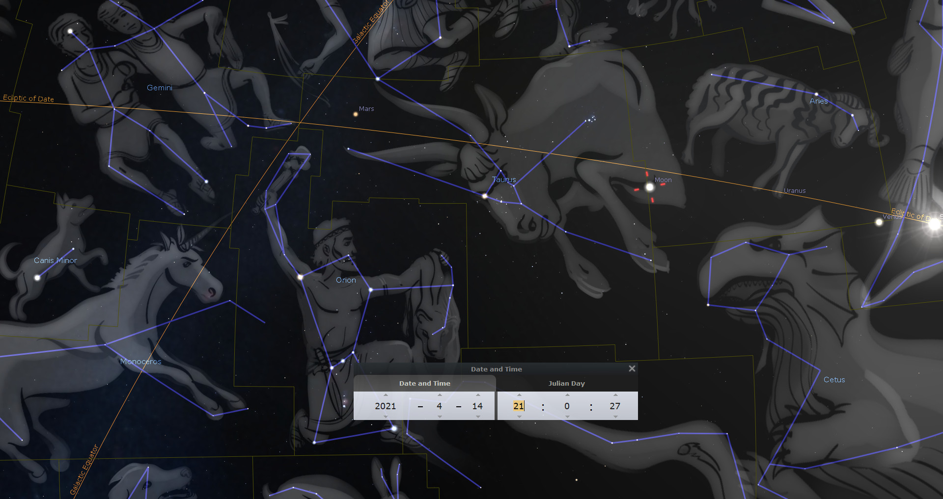 A digital illustration of the night sky featuring constellations and celestial bodies. Visible constellations include representations of human and animal figures interconnected by blue lines against a dark starry background. A prominent feature includes a user interface displaying the date and time 'April 14, 2021, 21:00:27', alongside celestial positions such as Mars, the Moon, and Uranus.