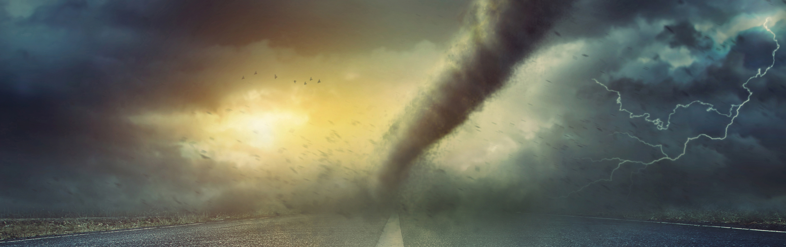 A panoramic view captures a dramatic scene on a deserted road, where a large tornado forms amid a turbulent sky. The sky is a mosaic of dark clouds and streaks of light with scattered birds and swirling debris, accompanied by visible strikes of lightning enhancing the intensity of the scene.