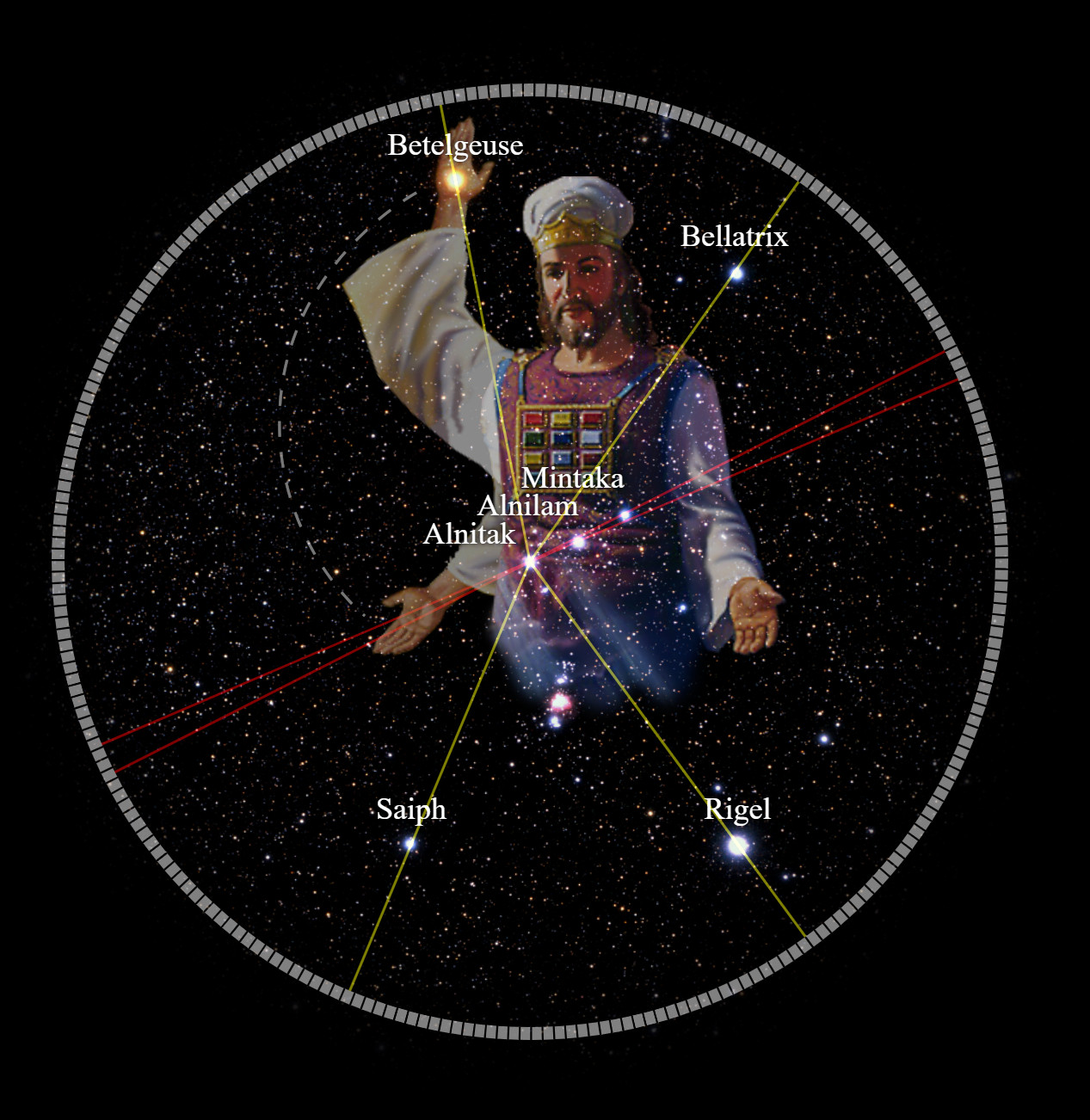 Illustration of a bearded figure in ancient Middle Eastern attire, with a raised hand directing towards a star-studded sky enclosed within a celestial circle marked with names of bright stars. The figure stands amid beams of light that trace back to individual stars including Betelgeuse, Bellatrix, and Rigel.
