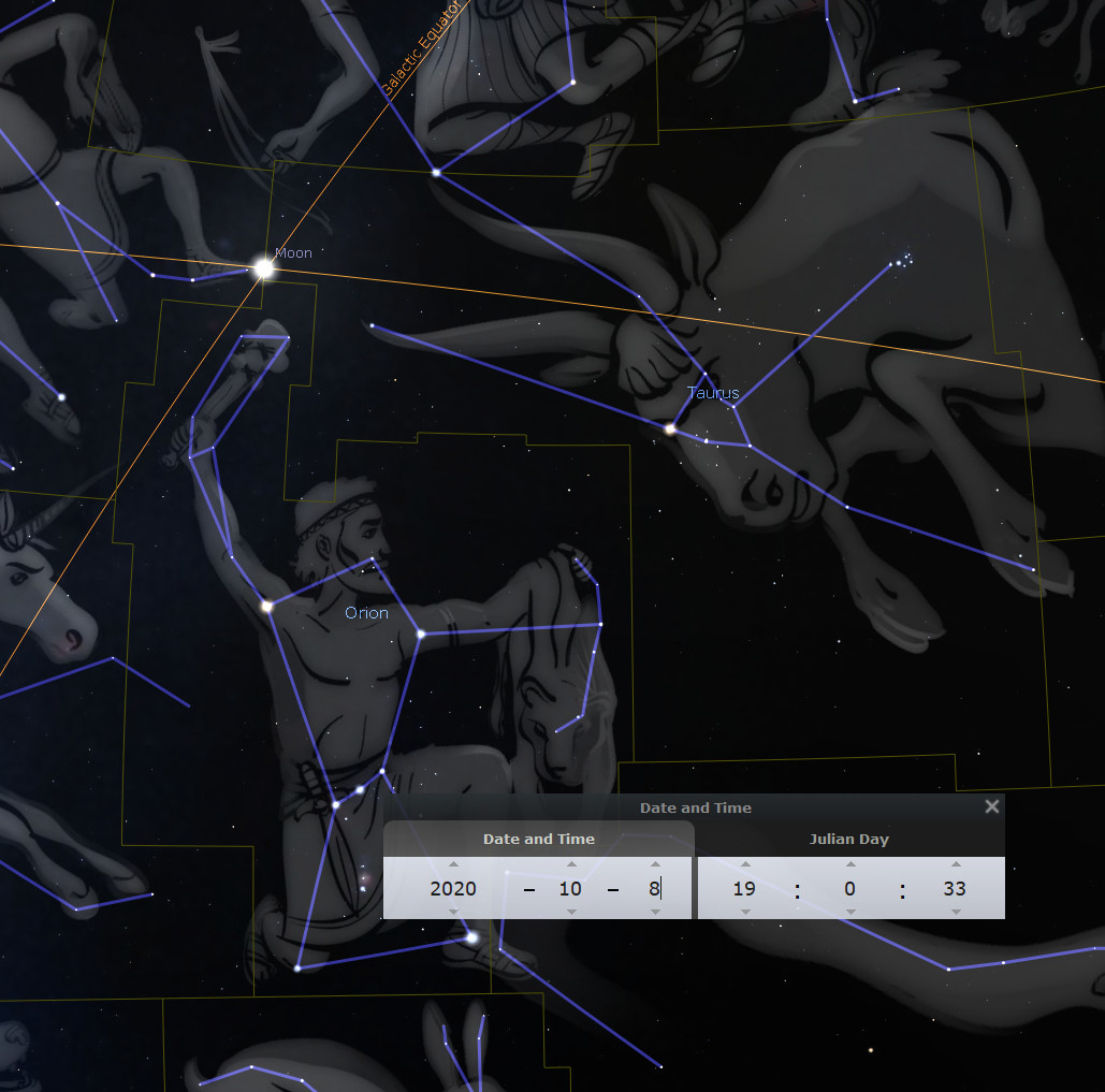 A digital star map overlaying illustrations of constellations including Orion and Taurus, alongside visible labels and celestial grid lines. The moon is depicted at a central point, enhancing its visual alignment with these celestial formations. A control panel shows the date as October 8, 2020, at 00:33 Julian Day.