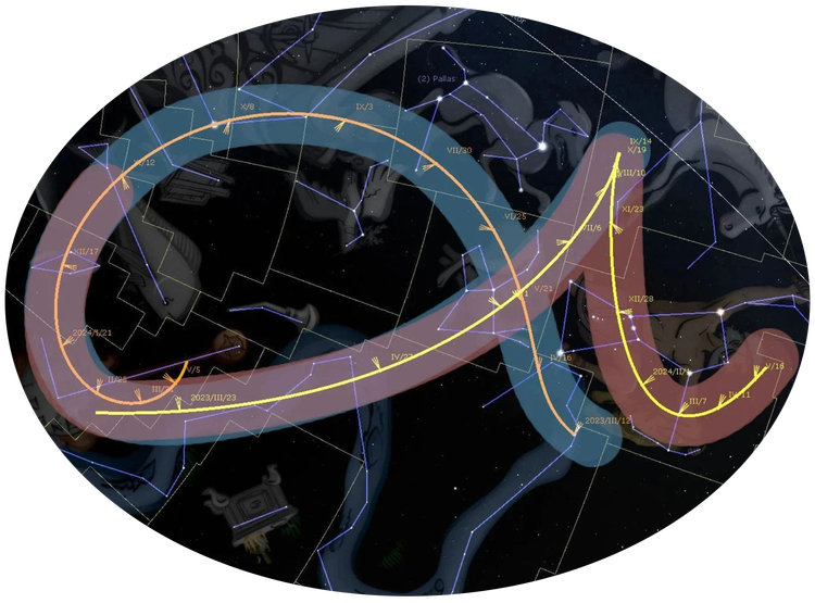 A vivid illustrated depiction of the celestial sphere with constellations and cyclic paths of celestial objects marked in various colors against a dark starry background. The illustration shows detailed lines and coordinates, highlighting the complexity and beauty of the night sky.