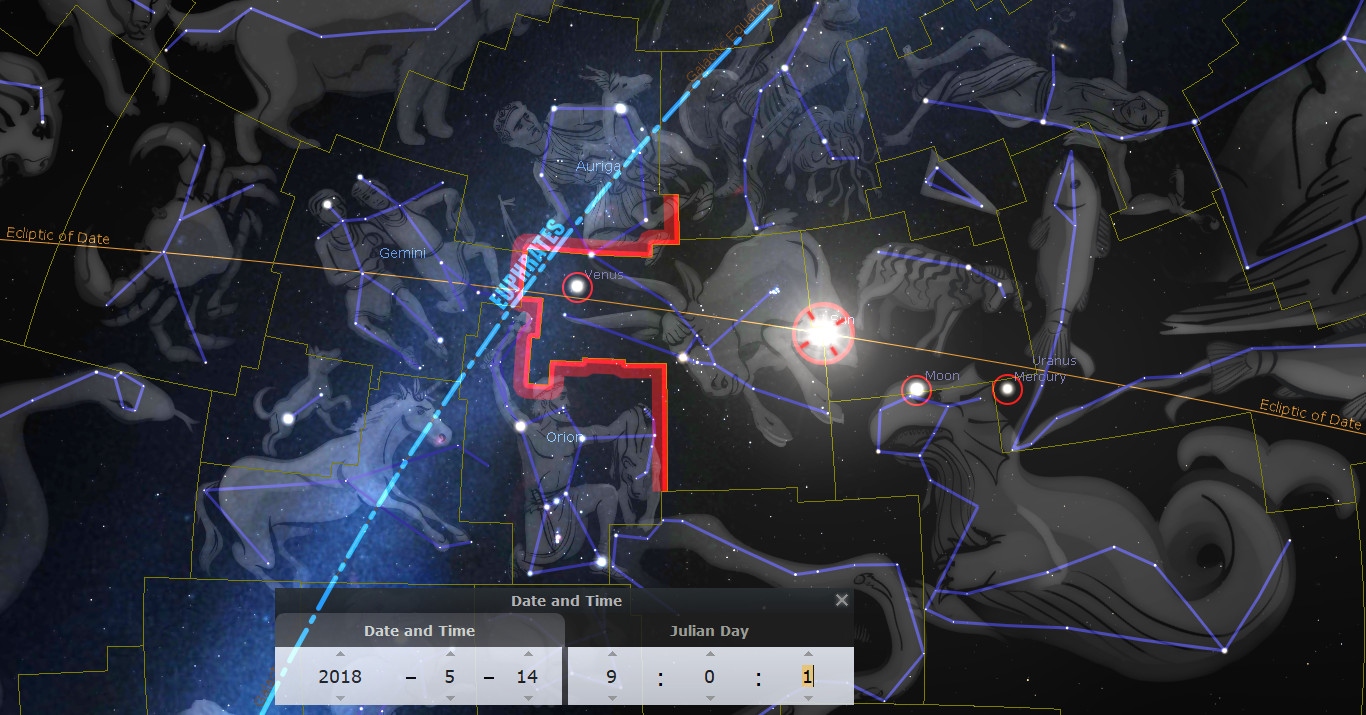 A detailed astronomical software interface displaying a celestial map with the positions of planets such as Venus, the Moon, and Mercury set against a backdrop of constellations. Highlighted paths and boundaries delineate sections within the Mazzaroth. Additional overlays include labels and a timeline, specified here as May 14, 2018, 9:01 Julian Day.