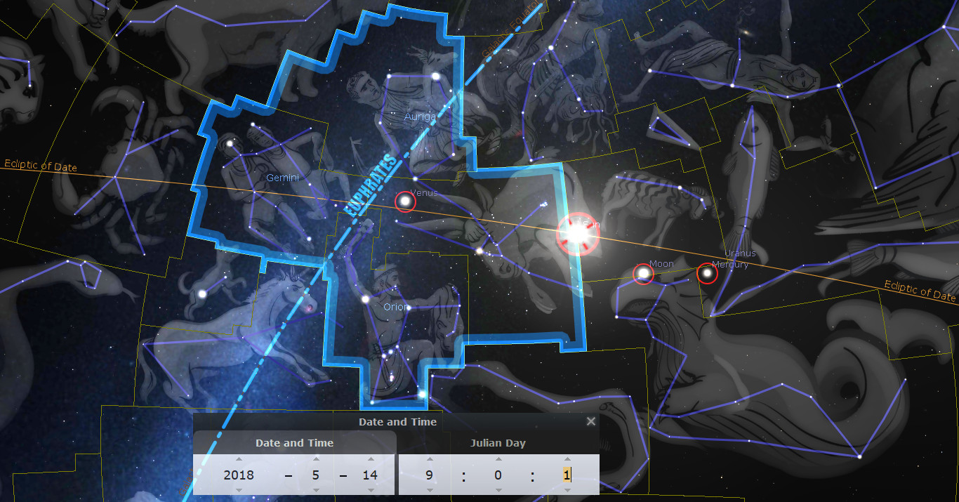 This image displays a detailed star map with visible constellations and celestial bodies. Luminous blue lines trace out the configurations of the Mazzaroth, highlighting classical figures against a dark star-filled background. Planets like Venus, the Moon, and Mercury are marked with red circles and labeled accordingly. A reference grid overlays the scene, and a user interface at the bottom indicates the observation date as May 14, 2018.