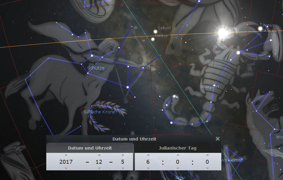 Astronomische Darstellung mit Sternbildern des Mazzaroths, wie Schütze und Skorpion, dargestellt als verknüpfte Sterne über einem digitalen Hintergrund. Dazu sind Positionen einiger Planeten wie Saturn, Sonne und Merkur sichtbar. Ebenfalls angezeigt sind Daten wie Datum, Uhrzeit und julianischer Tag.