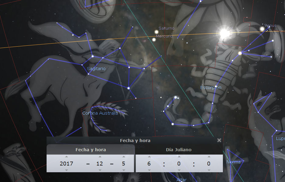 Imagen digital que muestra una representación artística del cielo nocturno con figuras representativas de constelaciones del Mazzaroth sobre un fondo de estrellas. Se incluyen elementos de interfaz como fecha y coordenadas astronómicas, además de la posición de planetas como Saturno, Venus y Mercurio.