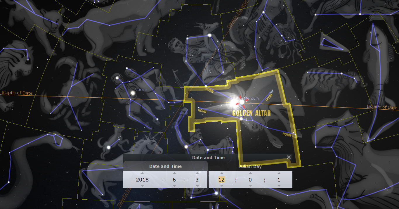 A digital rendering of the night sky depicting various stellar constellations connected by blue lines with specific sections highlighted in gold. The golden outlines represent a celestial alignment named 'Golden Altar'. Notable celestial bodies like Mercury and Venus are marked. The scene has informational overlays including the ecliptic of date and Julian Day with a specific timestamp noted as June 3, 2018.