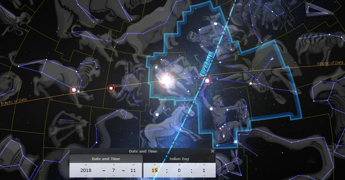 A graphical representation of the night sky showing clusters of stars organized into various illustrations connected by lines. The configurations illustrate traditional depictions of characters and animals mapped to star positions according to scientific astronomy. Notable celestial bodies such as Venus and Mercury and the Moon are indicated with annotations. A visible grid-like overlay aids in celestial mapping, punctuated by overlays that resemble modern softwares used in astronomical observations.