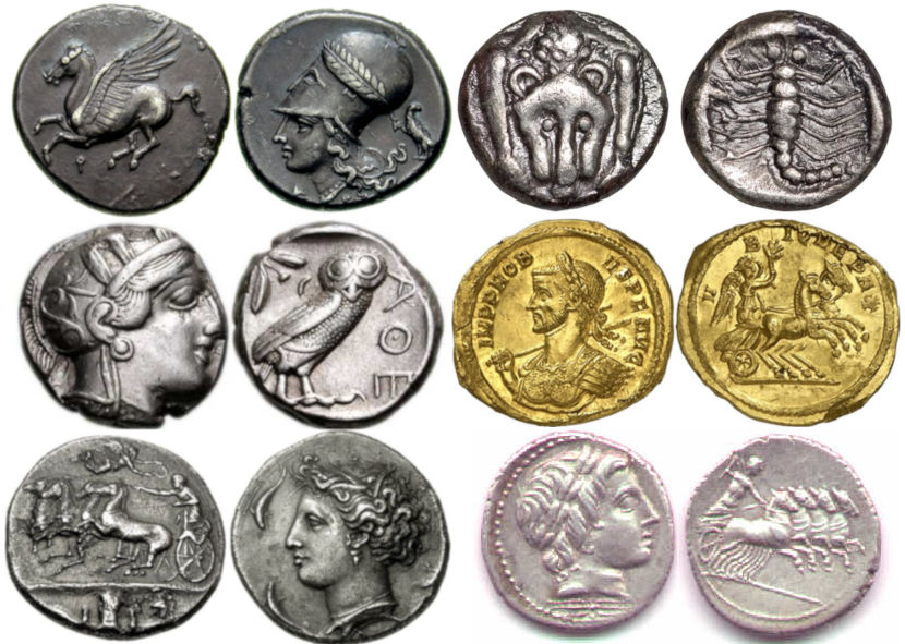 A collection of ancient coins with intricate engravings depicting historical and mythical imagery. The coins vary in material, predominantly silver and one gold, featuring depictions of classical helmets, creatures such as a scorpion and a goat, and human profiles. Each design represents cultural and historical symbolism from the era of their minting.