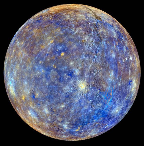 Scientific image of Mercury, showcasing its highly detailed, colorful surface with variations in hues from dark blues to bright yellows, accentuating the planet's craters and geological features.