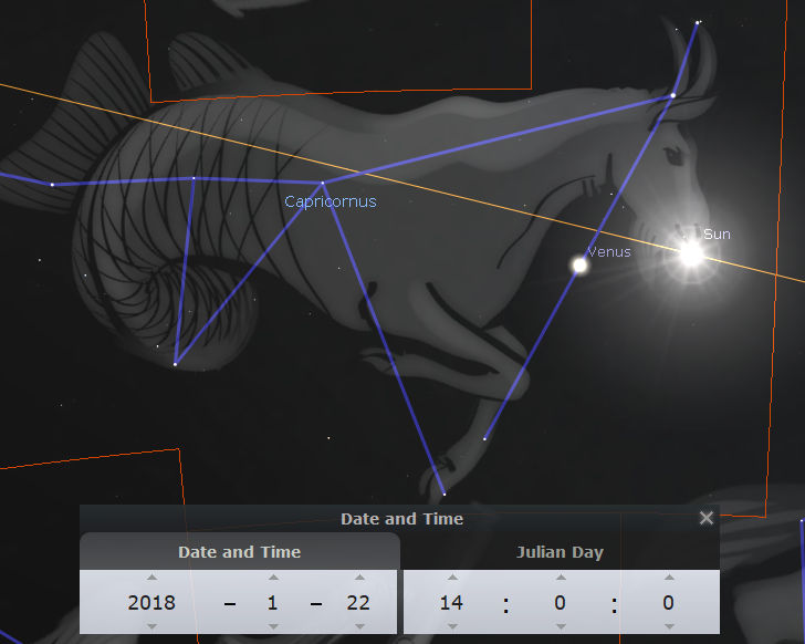 An astronomical software simulation depicting Venus and the Sun aligned in the night sky near a constellation labeled as Mazzaroth, reminiscent of a sea goat. The interface displays the date and time settings indicating January 22, 2018, with Julian day details included. Vivid blue lines mark the connections between stars forming the constellation design.