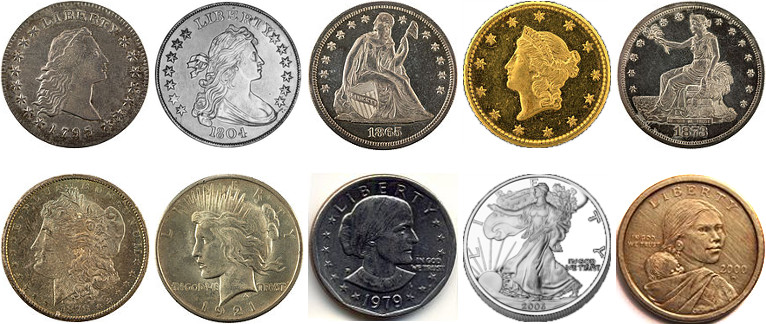 A collection of coins featuring various female effigies and designs, including classical depictions reminiscent of historical and Mazzaroth-themed imagery, alongside modern representations of liberty and profiles of female leaders.