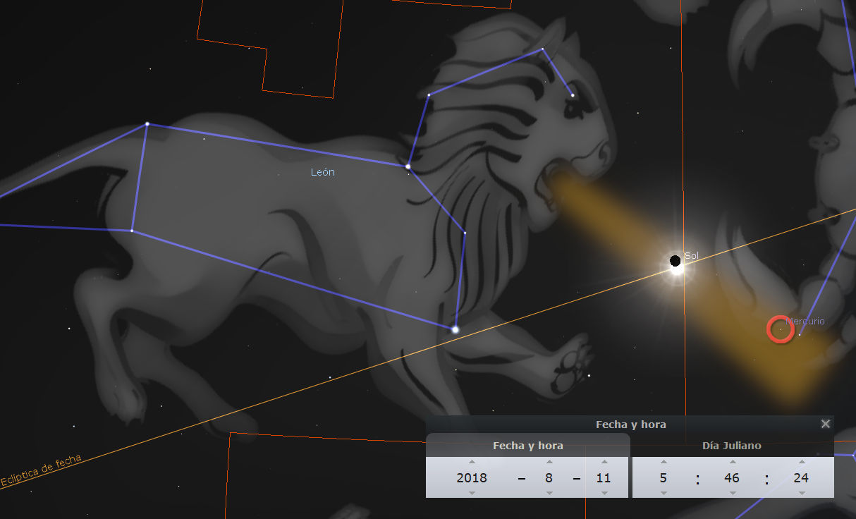 Representación visual de la constelación del León próxima al Sol y Mercurio, marcando sus coordenadas celestes y una línea que indica la eclíptica. Imagen también muestra datos sobre fecha y hora en calendario gregoriano y día juliano.