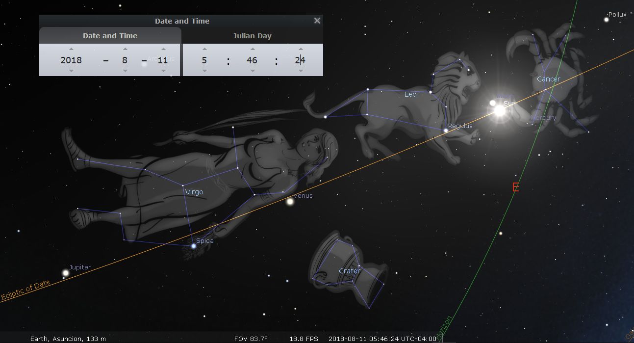 A digital astronomical depiction showing the Mazzaroth constellations Virgo, Leo and Cancer along with other constellations over a dark space background. Highlighted are important stars and planets like Spica, Regulus, Venus, Mercury, and Jupiter along a yellow line marking the ecliptic of date. The top left panel displays date and Julian day details indicating August 11, 2018.