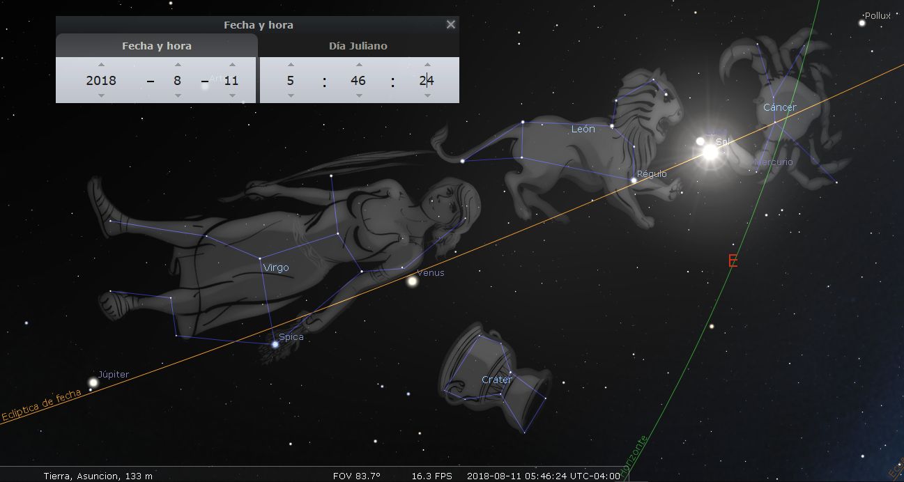 Imagen de un software de astronomía mostrando la ubicación de constelaciones y planetas en el cielo estrellado. Las constelaciones Virgo, Leo y Cancer están visibles junto a los planetas Venus y Júpiter. Líneas conectan las estrellas principales de cada constelación, formando figuras mitológicas con la ubicación respectiva sobre la eclíptica de la Tierra.