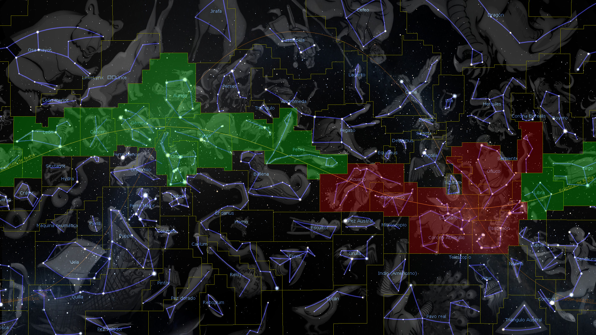 Imagen de un mapa estelar detallado con dibujos ilustrativos de diversas constelaciones superpuestas sobre un fondo oscuro del cosmos. Las constelaciones están resaltadas en diferentes colores con líneas que conectan las estrellas, creando representaciones gráficas de figuras mitológicas, animales y objetos.