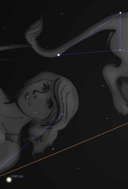 An artistic representation of a constellation from the Mazzaroth, featuring a detailed illustration of a figure holding a bow, set against a dark starry sky with the planet Venus labeled at the bottom.