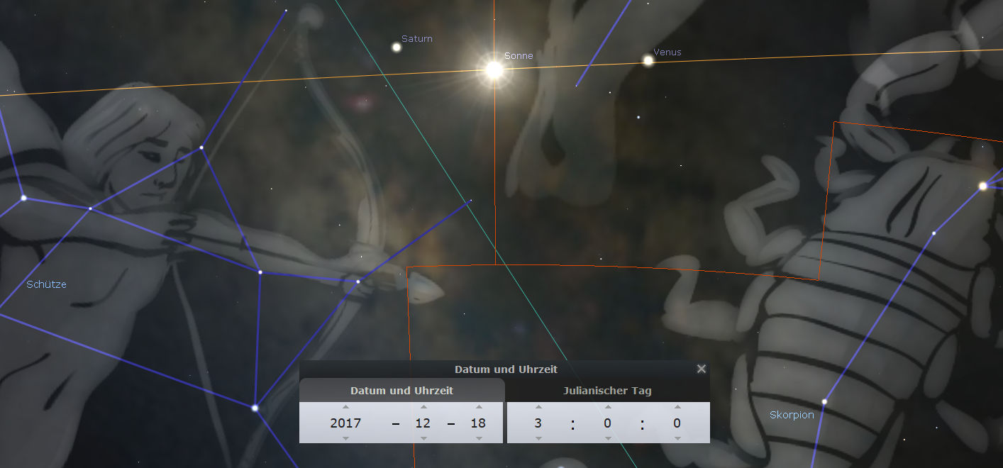 Astronomische Darstellung mit Illustrationen vom Mazzaroth, darunter Figuren, die nach traditionellen Konstellationen ausgerichtet sind, einschließlich eines Bogenschützen links und eines Skorpions rechts. Helle Objekte, die die Planeten Saturn, Sonne und Venus repräsentieren, sind deutlich markiert. Ein Interface zeigt Datum und Uhrzeit an: 18. Dezember 2017, 3 Uhr.