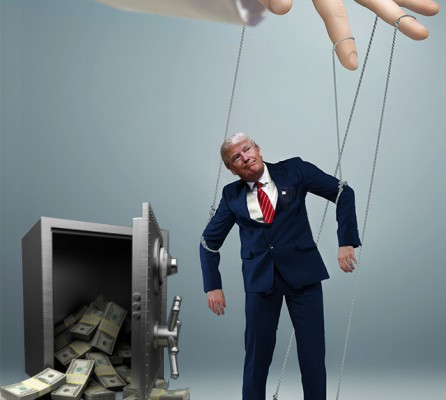 An illustration depicting a man in a blue suit manipulated as a marionette by a large hand from above, positioned near an open safe filled with cash bundles.