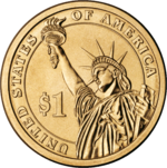A close-up image of a United States one dollar coin featuring the Statue of Liberty holding a torch and a tablet, surrounded by the inscription "UNITED STATES OF AMERICA ".