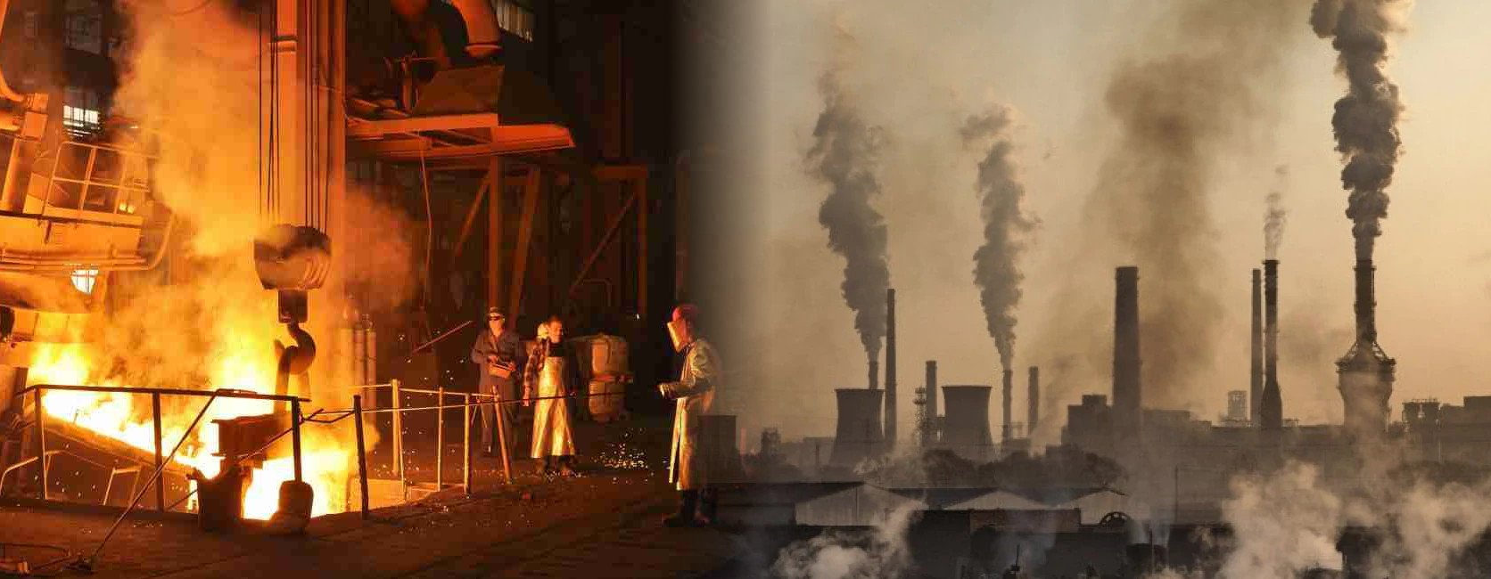 A panoramic view of industrial operations; on the left, fiery metallurgical processes inside a steel mill with workers in protective gear overseeing the production, and on the right, multiple smoke stacks releasing dense fumes into the hazy sky above an expansive industrial plant.
