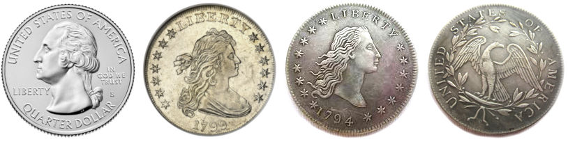 Four coins displayed in a row, showcasing both sides of two different designs. The first coin is a modern U.S. quarter depicting George Washington's profile and inscriptions for the nation, value, and motto. The second coin dated from 1799 features a classical depiction with flowing hair, surrounded by stars and the phrase "Liberty". The third coin, also from 1794, features a similar classical design but in a different style, showing a profile of a female figure with detailed hair and stars around. The fourth coin has an eagle with outstretched wings, clutching arrows and a branch, circled by stars, a common motif symbolizing strength and peace.
