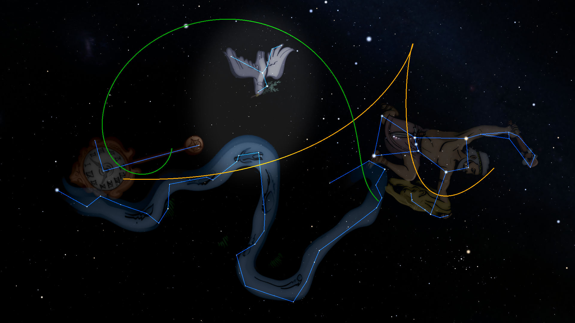 A digital depiction of three constellations connected by colorful lines against a starry night sky.