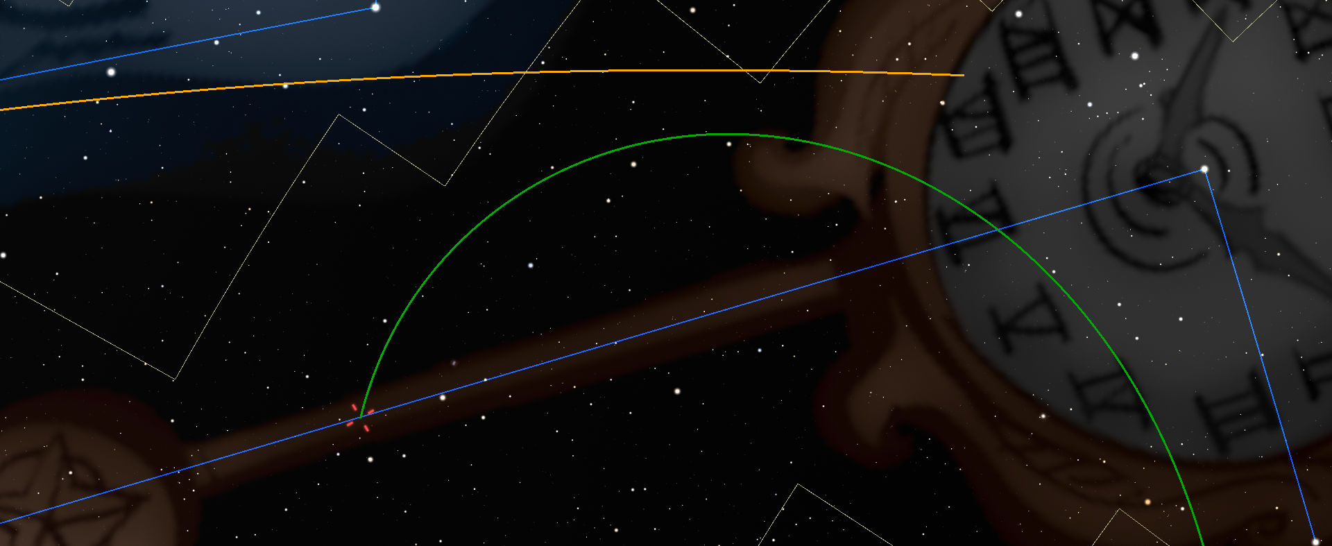 A digital depiction of a starry night sky with celestial paths marked in different colors overlaying ancient symbols associated with the Mazzaroth. Multiple geometric lines and curves illustrate astronomical observations and calculations.