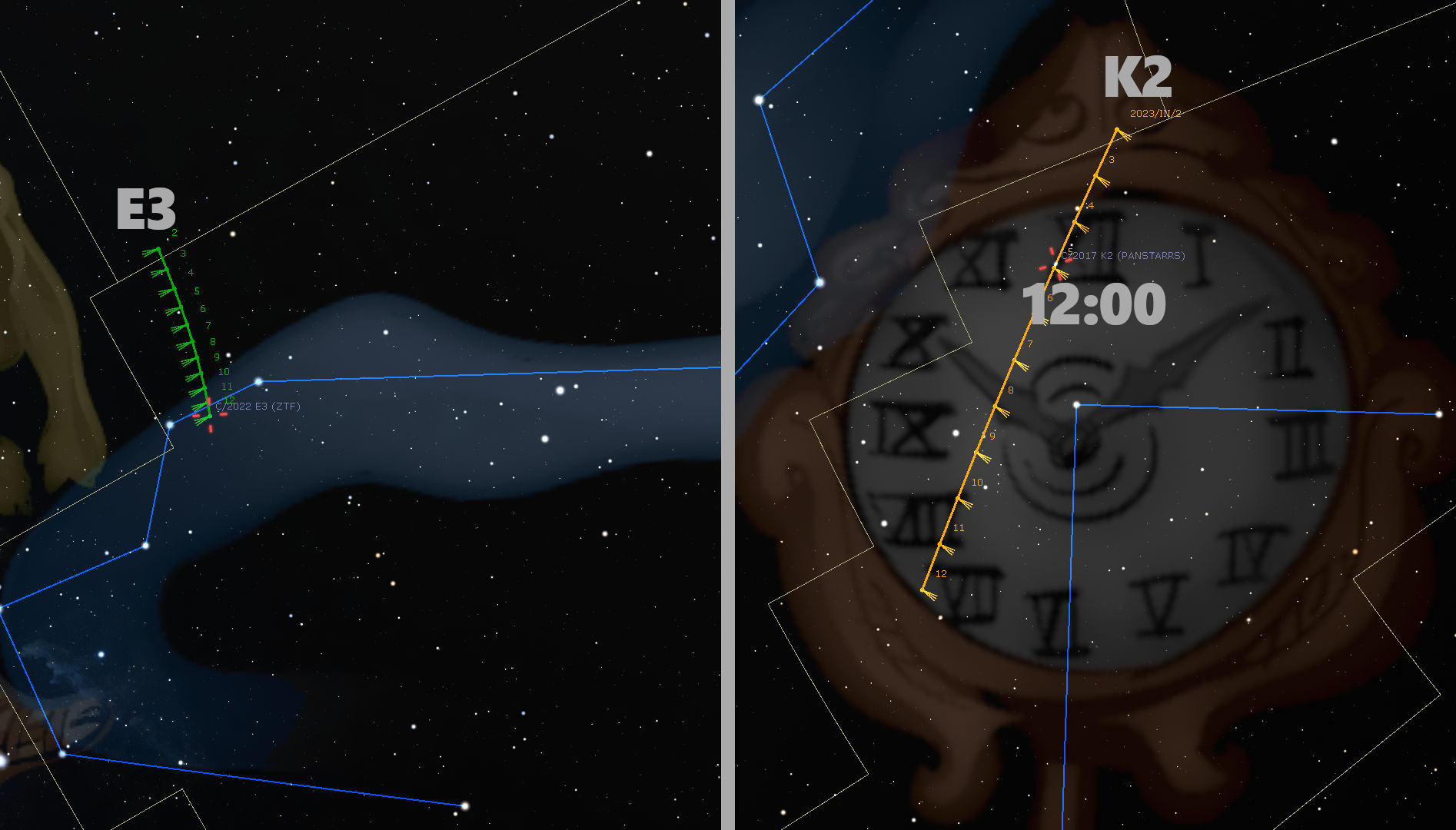 Split image depicting two celestial scenes. On the left, a detailed star map with trajectories and measurements of a cosmic formation named "E3", set against a night sky adorned with numerous stars. On the right, a grand ornate clock face with Roman numerals, overlaid with trajectory lines and points marking the passage of "K2" through the night sky, with a galaxy-themed backdrop.