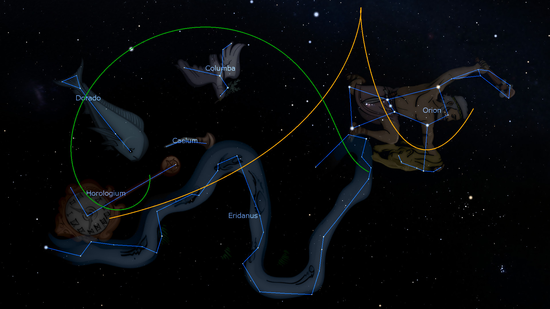 An illustration of a starry sky showcasing various celestial constellations including Orion, Dorado, Horologium, Columba, Caelum, and Eridanus. The constellations are depicted as mythological and symbolic figures connected by lines that outline their forms, set against a dark cosmos sprinkled with numerous stars.
