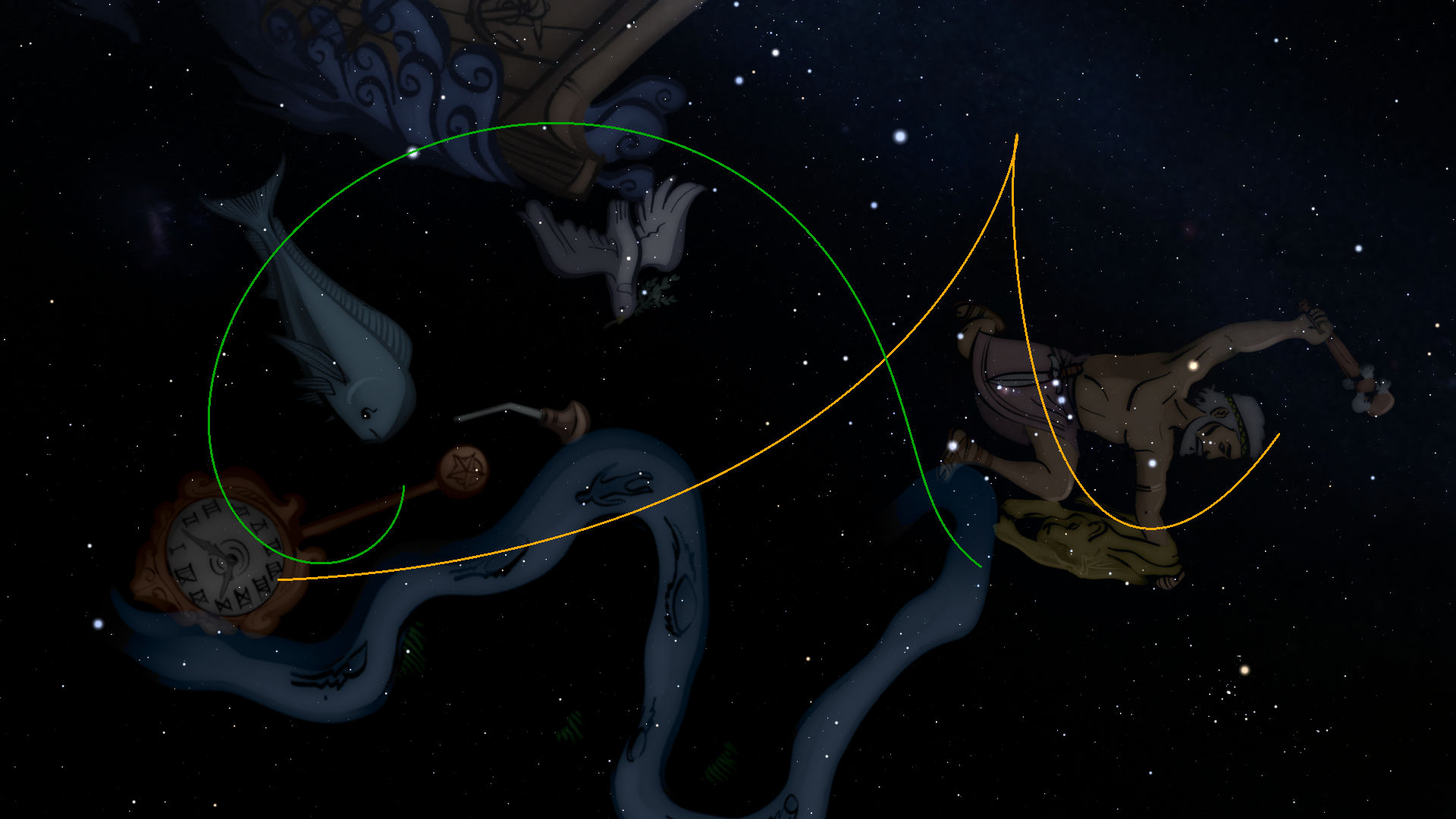A digital illustration depicting two mythical creatures amidst a starry background, connected by vivid green and orange geometric lines. The creature on the left resembles a fish with intricate patterns and holds an ornate wheel, while the creature on the right appears as a muscular figure wielding a club, also adorned with detailed designs.