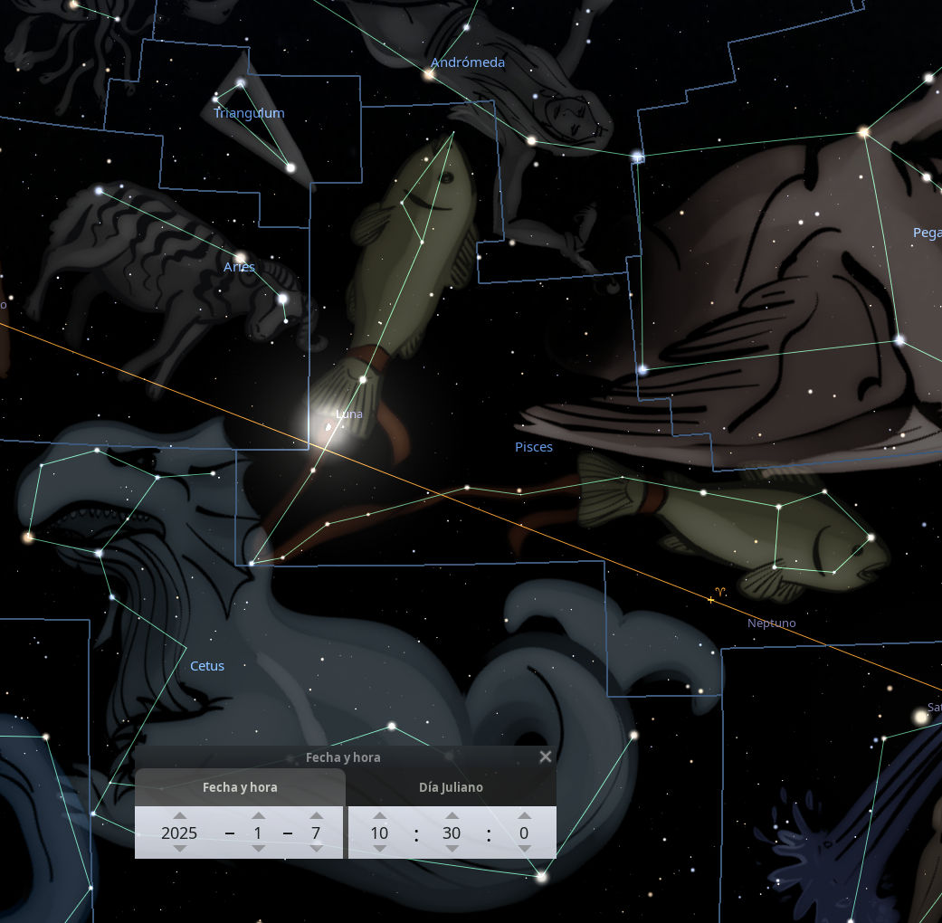 Imagen digital de un mapa estelar nocturno que muestra varias constelaciones con nombres científicos y líneas que conectan las estrellas para formar figuras. Las constelaciones identificables incluyen Andrómeda y Cetus entre otras. En la parte inferior de la imagen, se muestra una interfaz de usuario con campos para ajustar la fecha y hora.
