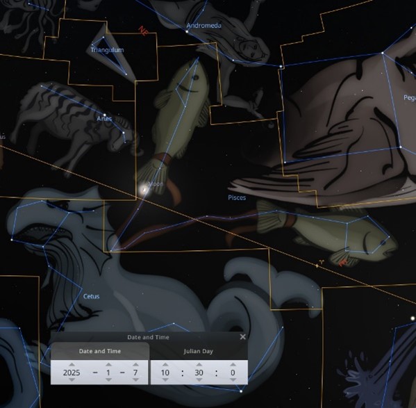 A celestial map overlay with artistic representations of constellations such as fishes, a whale, a ram, and a winged horse connected by lines against a dark starry background. The map includes constellation names and a date and time indicator showing January 7, 2025, with the Julian day calculated.