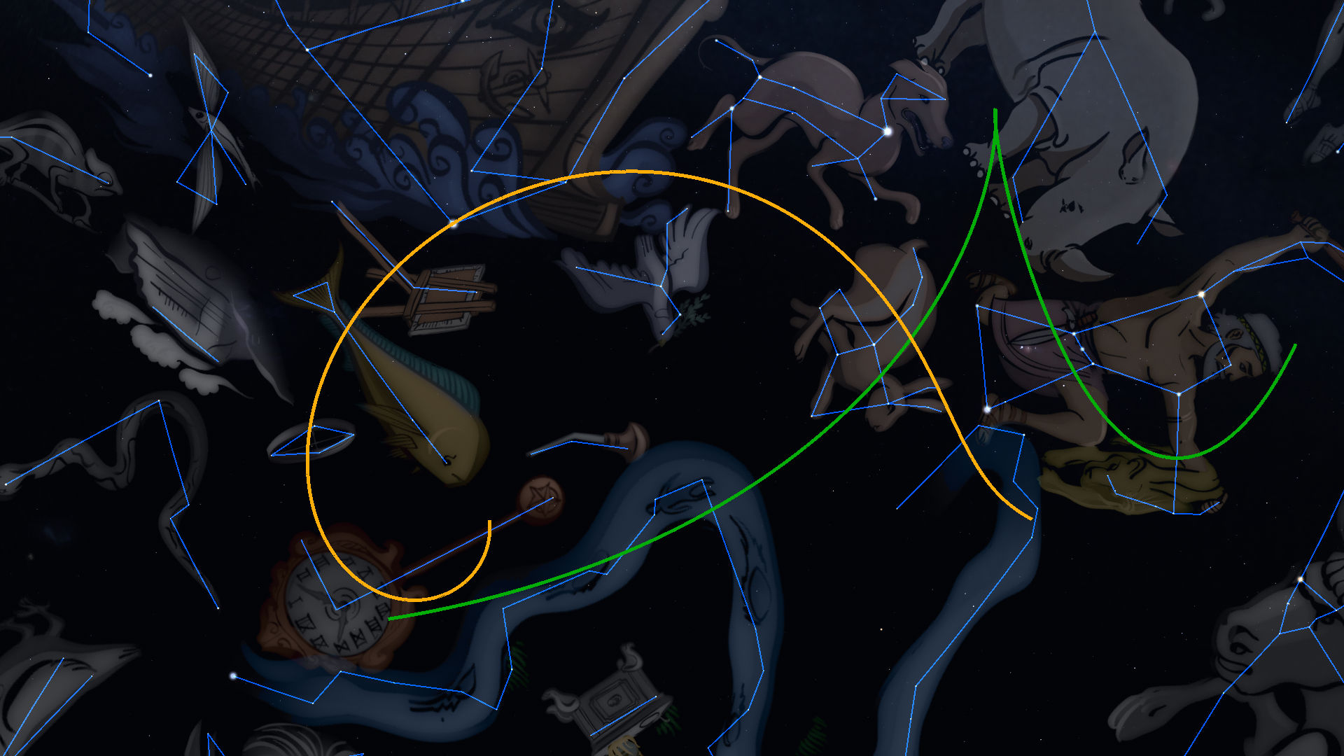 A creative digital illustration of various celestial constellations depicted against a dark cosmic background. The constellations include various mythological creatures and objects connected by thin blue lines. A central focal point features vibrant lines in yellow, green, and orange intersecting, symbolizing celestial alignments or intersections.