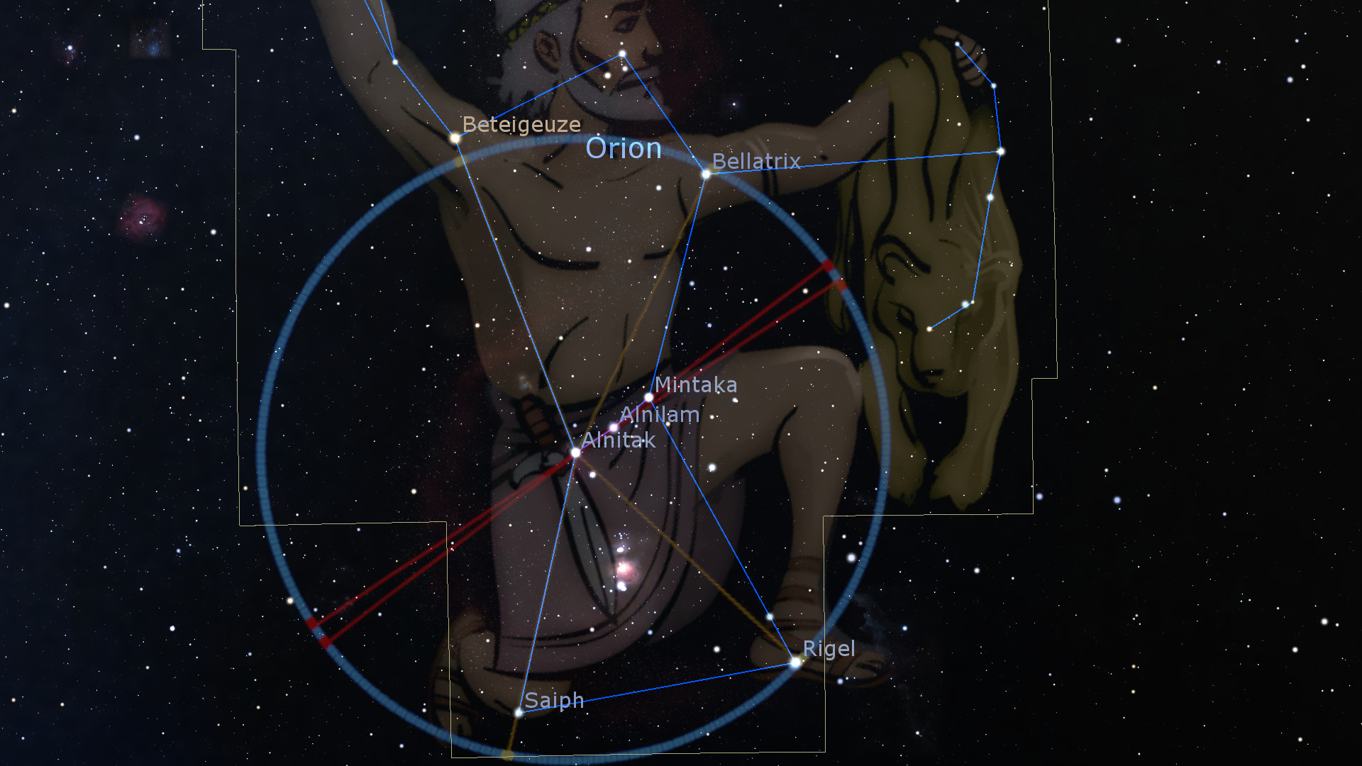 Grafische Darstellung des Sternbilds Orion im nächtlichen Himmel, mit Markierungen und Namen der Hauptsterne wie Betelgeuse, Bellatrix, Rigel, Saiph sowie Mintaka, Alnilam und Alnitak, die zusammen den Gürtel des Orion bilden. Transparente Linien verbinden die Sterne, um die Silhouette einer mythologischen Figur zu bilden.