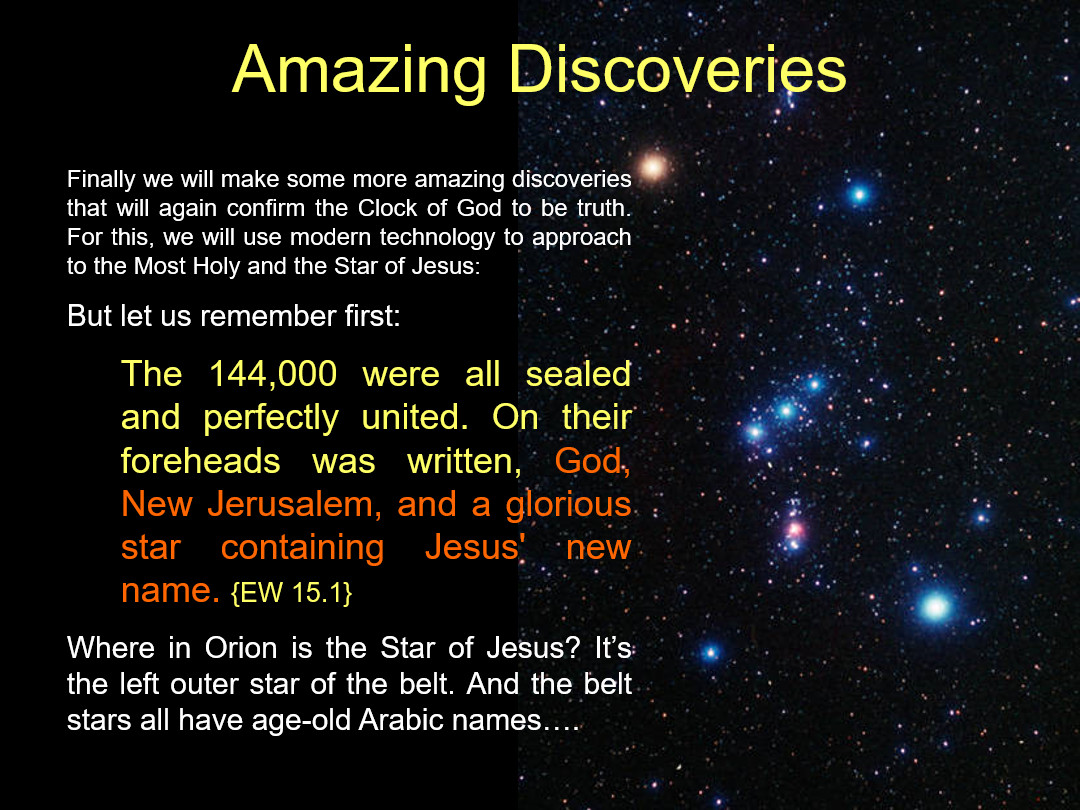 A graphic titled "Amazing Discoveries" over a backdrop of a starry sky, including an excerpt discussing celestial alignment relating to theological interpretation. The text references the unity and divine marking of 144,000 and points to significant celestial positions without using astrological terms, focusing instead on their spiritual significance.