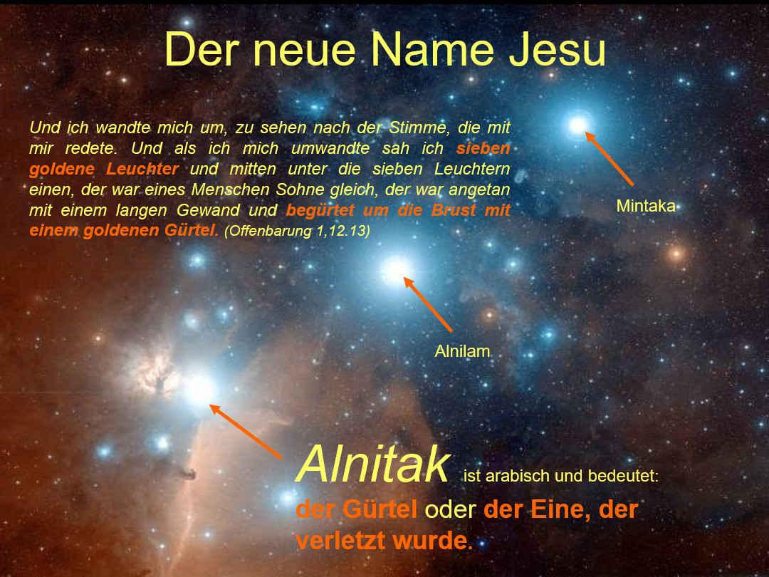 Ein Himmelsbild, das eine lebendige kosmische Szenerie zeigt, durchwoben mit Nebel und Sternenlicht, mit eingefügtem Text in Deutsch, der sich auf eine biblische Passage bezieht und den Stern Alnilam und Mintaka benennt, ohne direkt auf Mazzaroth zu verweisen.