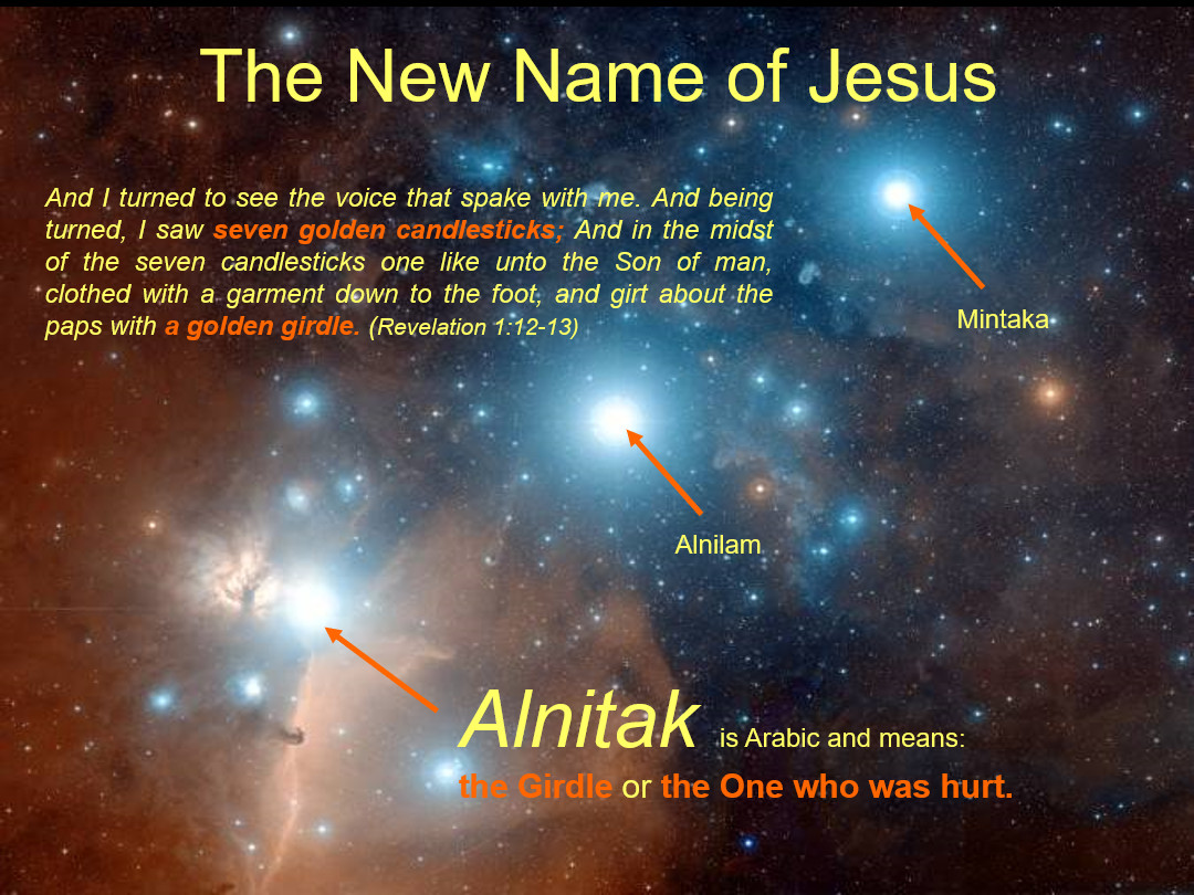 An astronomical image depicting a nebula and stars with labeled stars Alnilam and Mintaka. Overlay text includes a Biblical reference from Revelation 1:12-13 discussing a vision of seven golden candlesticks and the Son of Man adorned in a garment, relating to the title "The New Name of Jesus."