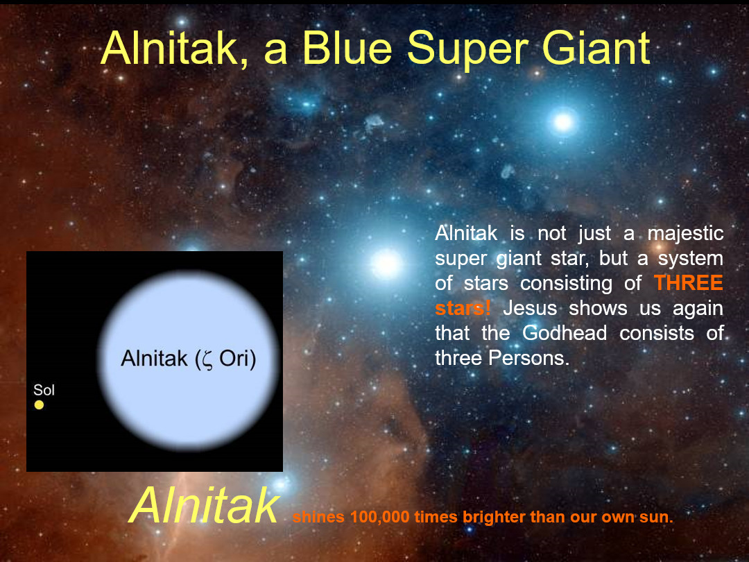 An educational image showing Alnitak, identified as a blue supergiant star in the Orion constellation. The image compares Alnitak's brightness and scale with Sol (our sun), highlighting Alnitak's much greater brilliance. Background text explains Alnitak as a system of three stars, connecting this to a spiritual reflection on the Trinity.