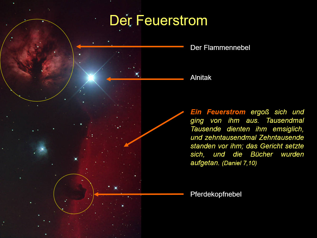 Eine astronomische Aufnahme zeigt drei markante Himmelsobjekte: den Flammennebel, den Alnitak-Stern und den Pferdekopfnebel, eingefasst in einem roten und schwarzen Hintergrund. Rechts im Bild ist Text aus dem Buch Daniel, Kapitel 7, Vers 10, zitiert, der sich auf einen visionären "Feuerstrom" bezieht.
